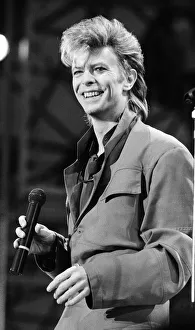 British pop singer David Bowie pictured performing in concert at Wembley