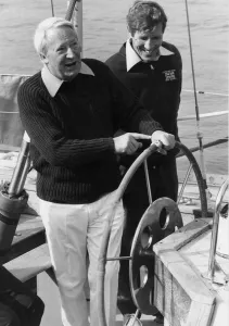 Former British Prime Minister Edward Heath and Roy Mullender on board Great Britain II