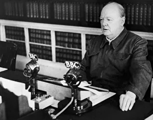 Microphones Prints: British Prime Minister Winston Churchill making a radio broadcast from Downing Street
