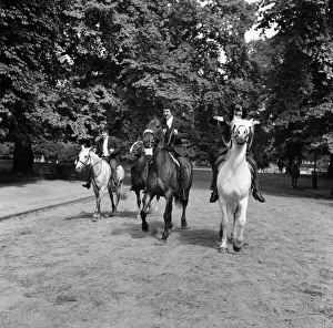 British rock group The Kinks pose on horses in the gardens opposite the Flaghouse in