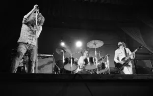 British rock group The Who performing on stage during a concert at the University of