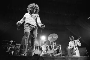 British rock group The Who performing on stage during a concert at the University of