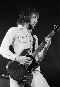 British rock group The Who performing on stage during a concert at the University of