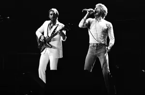 British rock group The Who, performing on stage at the NEC in Birmingham