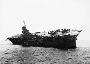 Destroyed Prints: The British Royal Navy Aircraft Carrier HMS Ark Royal lists badly after being torpedoed