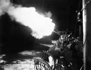 Firing Prints: British Royal Navy ships carry out a bombardment of the enemy occupied port of Cherbourg
