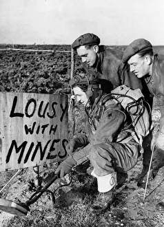 Detection Prints: British sappers at work clearing away enemy mines in a field near the town of