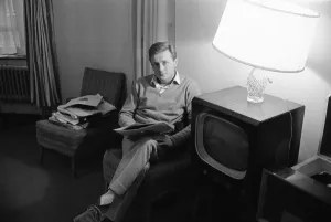 British singer and actor Gary Miller seen here in the living room of his council flat