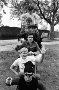 British ska group Madness pose shortly before celebrating their fifth year of success