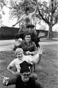 British ska group Madness pose shortly before celebrating their fifth year of success