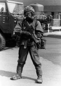 British soldier wearing chemical warfare suit August 1990 at RAF Coltishall