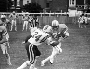British Steel Gala - A member of the Scunthorpe Steelers tries to dodge a tackle by an