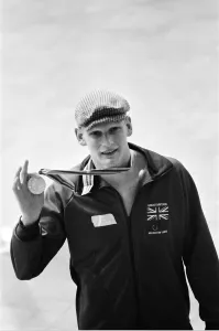 British swimmer Duncan Goodhew celebrates after receiving olympic gold medal in