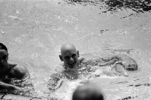 British swimmer Duncan Goodhew celebrates after winning gold medal in the final of