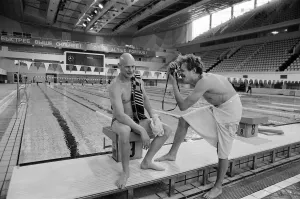 British swimmer Duncan Goodhew poses for pictures by the Olympic Swimming Pool in Moscow