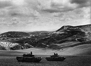 Tunisia Prints: British tanks approaching the extremely difficult terrain and Longstop Hill