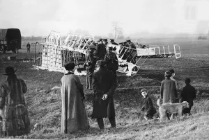 British troops guard the wreckage of a German Gotha bomber of Bogohl 3 after it was