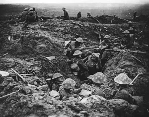 British troops sit in the trenches at Zillebeke 1917 during World War One