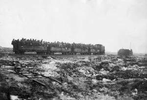 No Mans Land Prints: A British working party is carried to the frontline near Passendale by light railway
