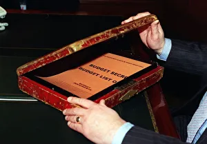 Budget Box of Chancellor of the Exchequer Kenneth Clarke MP opening the case the Budget