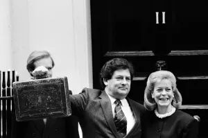 Budget Prints: Budget Day at No 11 Downing Street. The Chancellor of the Exchequer, Nigel Lawson