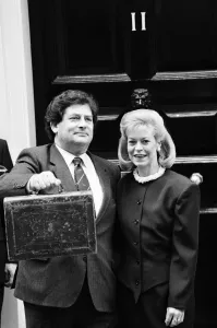 Budget Day at No 11 Downing Street. The Chancellor of the Exchequer, Nigel Lawson