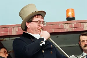 Buglar Ian Dewar at the full blast during the annual Riding the Fair procession sets off