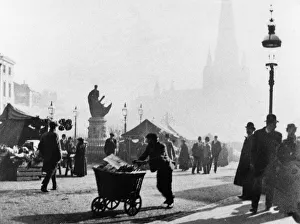 Market Prints: Bull Ring flower market with a Statue of Horatio Nelson pictured in background