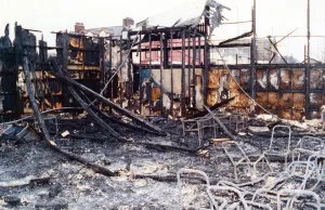 Ruins Prints: Burned to the ground - all that remains of South Bank FC social club after the double