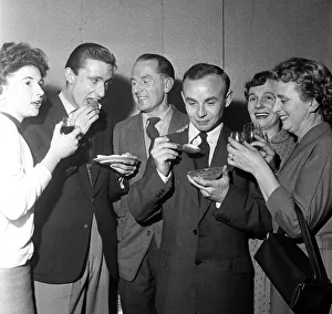 Table Tennis Prints: Burnley five town party. Table tennis team; Sylvia Robinson, John Proctor, Ken Stanley