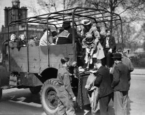 Truck Prints: Bus Strike. Bethnal Green army lorries take workers and schoochildren to Hackney