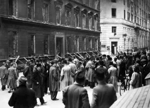 Demolished Prints: Business men from bombed out offices gather in the street to transact business