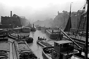 Barges Prints: Busy scenes at Clarence Dock Leeds with workers and horses on the road August 1936