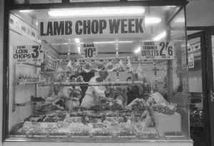 Butchers shop window, picture taken during Lamb Chop Week February 1963