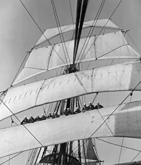 Sails Prints: Cadets aboard the Sorlandet seen here setting the sails in the English channel