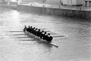 Cambridge University boat crew in training on river Ouse. March 1975 75-01385-003