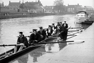 University Prints: Cambridge University boat crew in training on river Ouse, Cambridgeshire