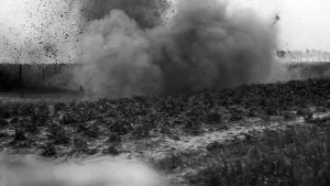 Somme Prints: Canadian bombardment attempting to cut the wire on the Somme Front. 26th July 1916