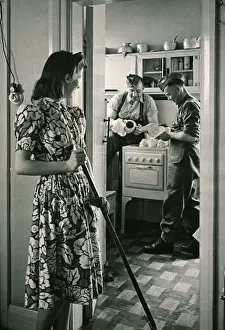 Core07 Prints: Canadian soldiers washing-up while english woman sweeps floor