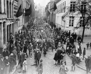 Canadian Prints: Canadian troops victory marching through Mons on the morning of November 11th 1918
