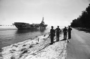 Ship Prints: Canal Zone 1952 The Aircraft Carrier HMS Vengence passes through the Suez Canal