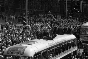 Captain Bobby Moore presents the European Cup Winners Cup trophy to the people of West