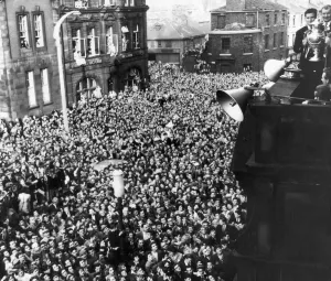 00352 Prints: Captain D Turner and coach K Traill holf the cup aloft to the gather fans below