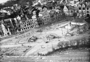 Tanks Prints: Capture of Monchengladbach. American tanks in the Square of the bomb-torn town of Monchengladbach