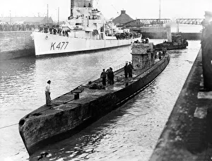 Submarines Prints: A captured German U Boat in a Gladstone Dock after being escorted there by the Royal Navy