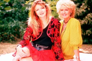 Caron Keeting TV Presenter sitting with her mother TV and Radio Presenter Gloria
