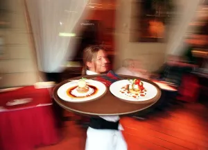 Waitress Prints: Carrie Barr waitress March 1999 at the Holiday Inn Glasgow Carying tray with