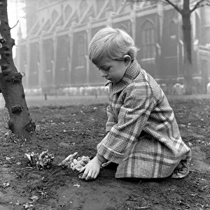 Kneeling Prints: Carron Rownely aged four seen here tending the grave of her pet mice in the Church Garden