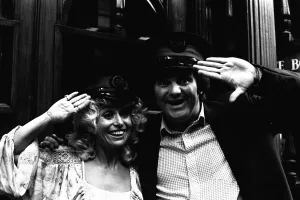 Carry-on actress Barbara Windsor with local comedian Spike Rawlings outside the Threatre