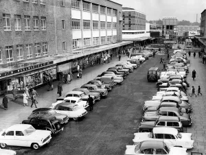 Precinct Prints: Cars parked in Market Way Precinct, Coventry. Soon there will be a ban on Precinct